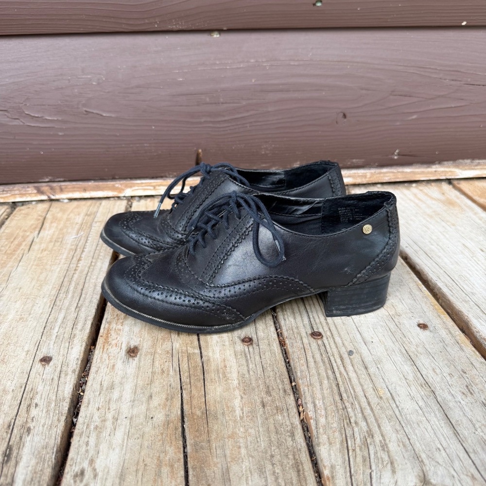 G.H. Bass Quinn Oxfords‎ Women 6.5M Black Leather Wingtip Brogue Block Heel